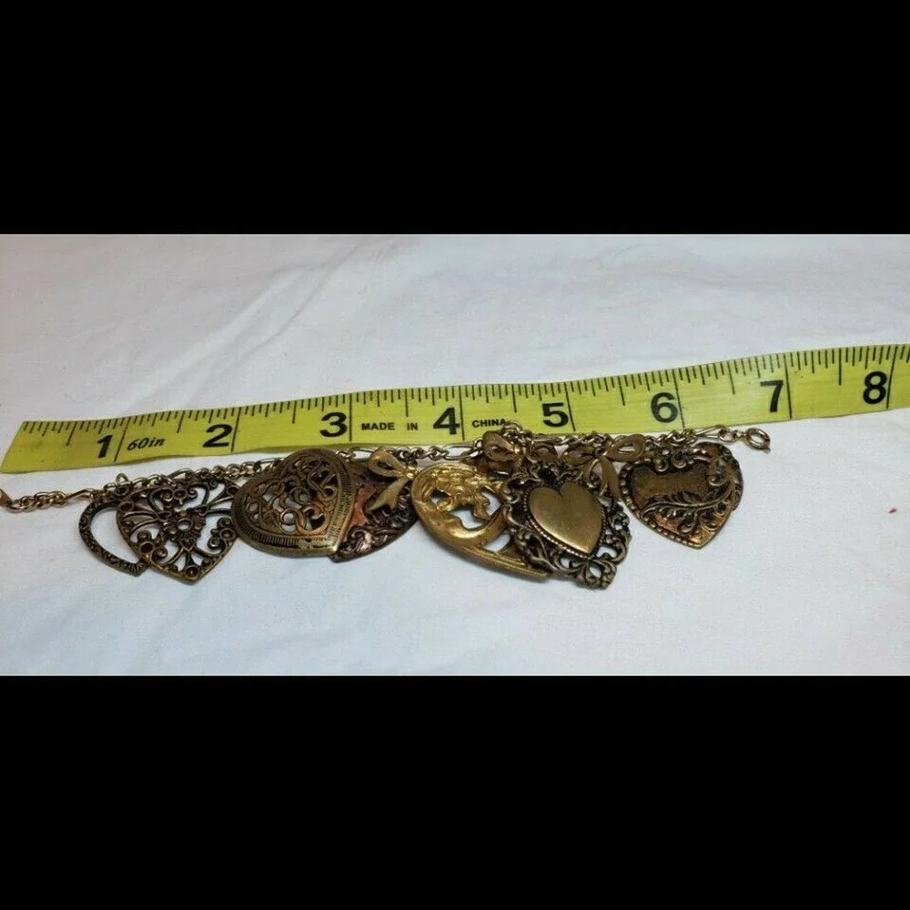 Vintage Gold Metal Heart Hearts & Bows Charm Bracelet Puffy Hearts Valentines